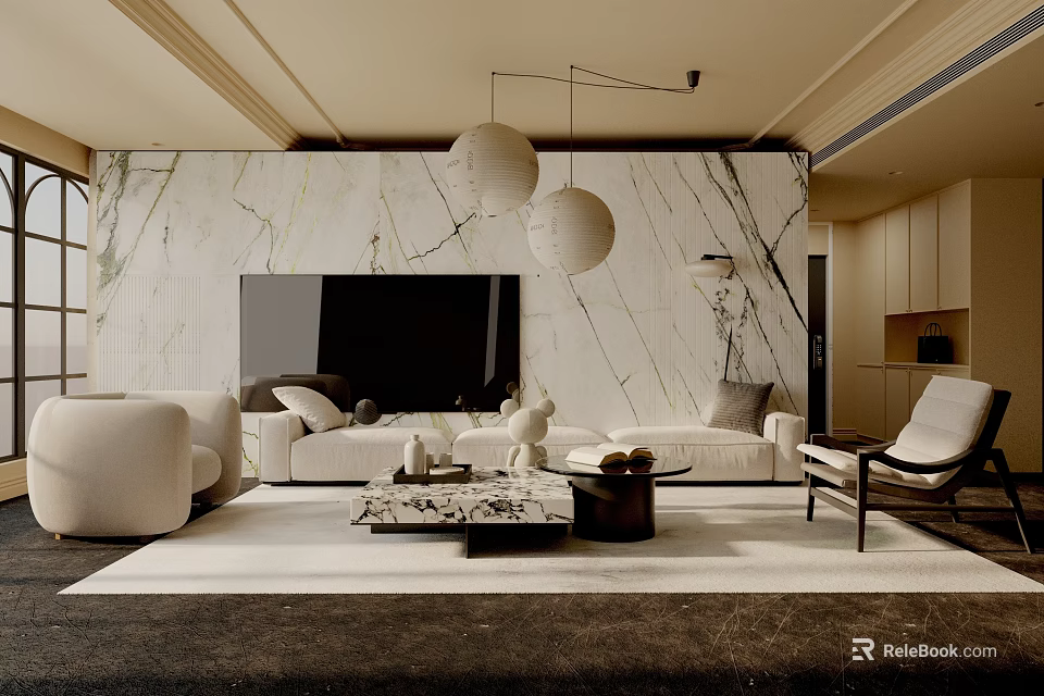 Modern Living Room Interior Design With Marble Wall Sofa And Pendant Lights 3d model 
