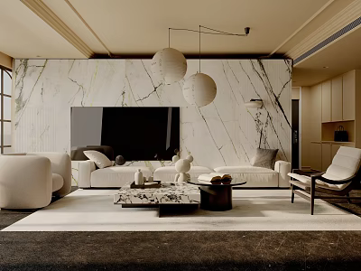 Modern Living Room Interior Design With Marble Wall Sofa And Pendant Lights 3d model