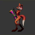 Red Fox Cartoon Character 3D Model With Green Eyes Pink Purple Megaphone Making Peace Sign