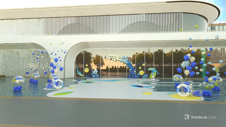 Colorful Water Park Area With Blue White Balloons Archways Glass Walls And Sunset View 3d model 