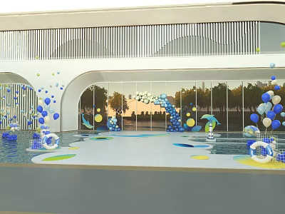 Colorful Water Park Area With Blue White Balloons Archways Glass Walls And Sunset View 3d model