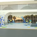 Colorful Water Park Area With Blue White Balloons Archways Glass Walls And Sunset View