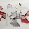 Modern Dining Table Set With White Table Red Transparent Chairs Clear Vase And Green Leaf 3d model