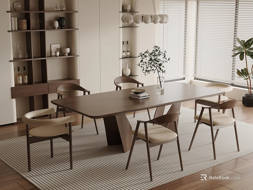 Modern Wooden Dining Table Set With Beige Chairs Area Rug And Natural Light 3d model 