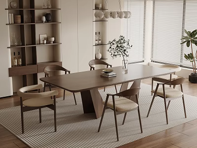 Modern Wooden Dining Table Set With Beige Chairs Area Rug And Natural Light 3d model