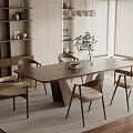 Modern Wooden Dining Table Set With Beige Chairs Area Rug And Natural Light