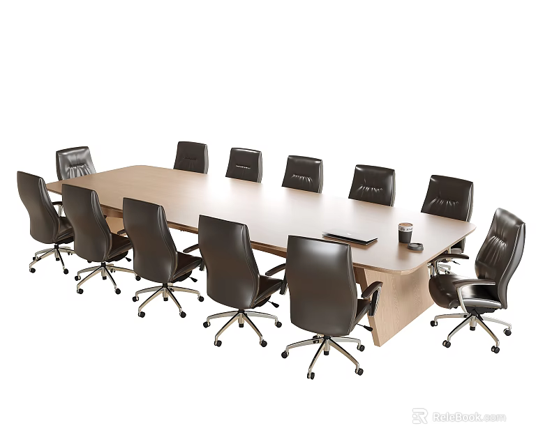 Light Wooden Conference Table With Black Office Chairs And Documents In Modern Meeting Room 3d model 