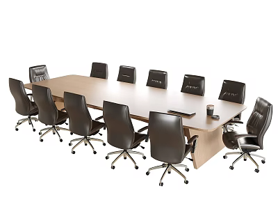 Light Wooden Conference Table With Black Office Chairs And Documents In Modern Meeting Room 3d model