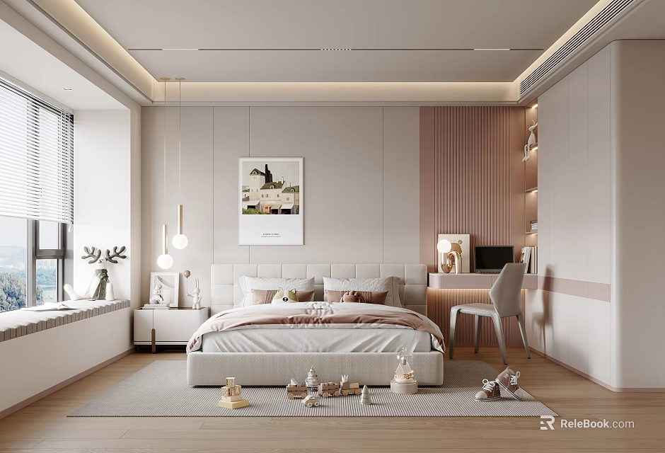 Bright Cozy Kids Bedroom Interior With Bed Study Desk Toys Window And Decorative Art 3d model 