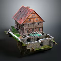 Rustic Wooden House With Red Roof Windows And Stone Base Covered In Green Moss