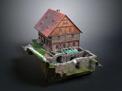 Rustic Wooden House With Red Roof Windows And Stone Base Covered In Green Moss 3d model
