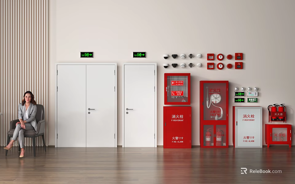 Modern Fire Equipment Setup With Fire Doors Red Cabinets Extinguishers Alarm Devices And Indicator Lights 3d model 