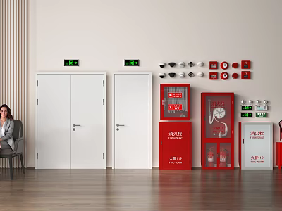 Modern Fire Equipment Setup With Fire Doors Red Cabinets Extinguishers Alarm Devices And Indicator Lights 3d model