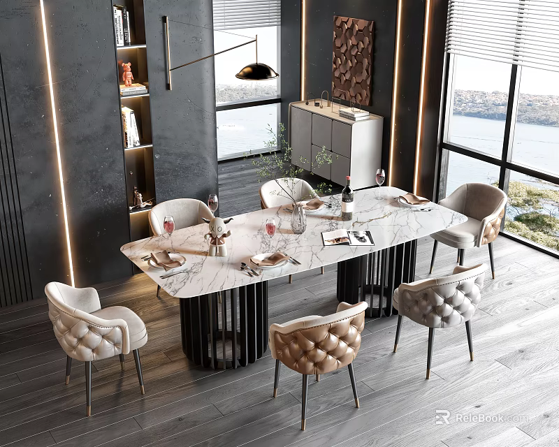 Modern Dining Table Set With Marble Top Upholstered Chairs And Large Window View 3d model 