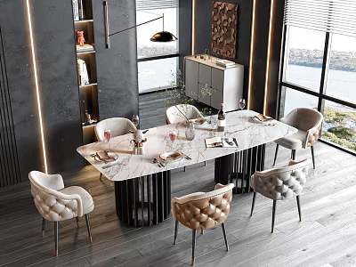 Modern Dining Table Set With Marble Top Upholstered Chairs And Large Window View 3d model