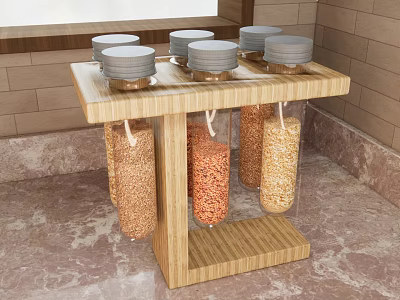 Wooden Spice Jar Rack With Gray Lids And Transparent Containers On Kitchen Countertop 3d model