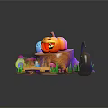 Cartoon Scenery with Pumpkin Lantern on Tree Stump Black Cat Colorful Mushrooms and Open Book