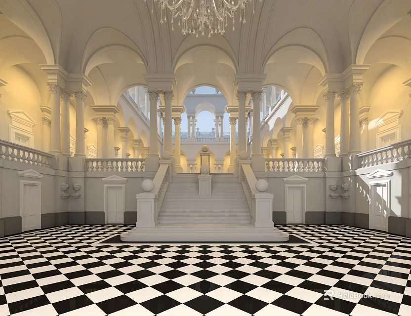 Luxury Neoclassical Mall Lobby With Grand White Marble Staircase Checkerboard Floor And Gorgeous Crystal Chandelier 3d model 