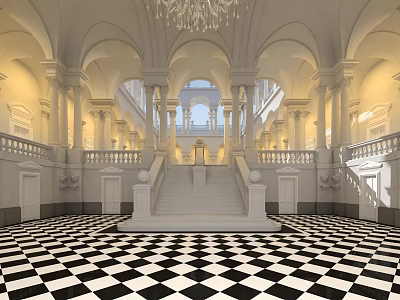 Luxury Neoclassical Mall Lobby With Grand White Marble Staircase Checkerboard Floor And Gorgeous Crystal Chandelier 3d model