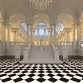 Luxury Neoclassical Mall Lobby With Grand White Marble Staircase Checkerboard Floor And Gorgeous Crystal Chandelier