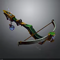 Ornate Fantasy Bow With Green Gold Accents Purple Crystal Orb Elegant String And Carved Details