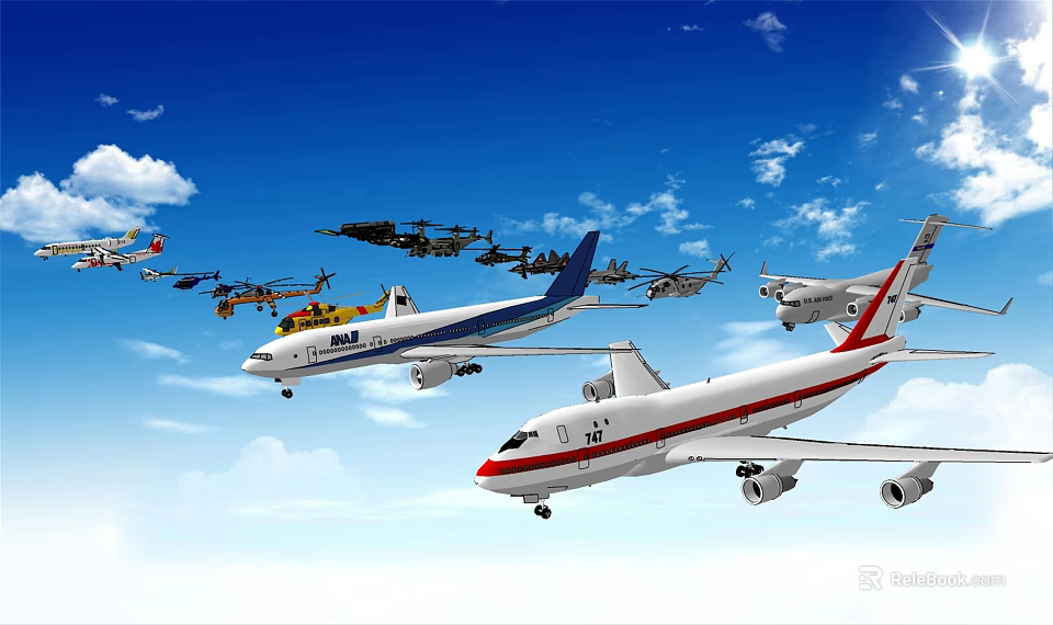 Various Types of Airplanes Flying in Clear Blue Sky with Clouds 3d model 