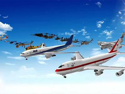 Various Types of Airplanes Flying in Clear Blue Sky with Clouds 3d model