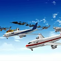 Various Types of Airplanes Flying in Clear Blue Sky with Clouds