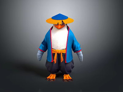 3D Penguin Character Wearing Blue Kimono Jacket Gray Gloves Orange Sash And Conical Hat 3d model