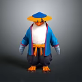 3D Penguin Character Wearing Blue Kimono Jacket Gray Gloves Orange Sash And Conical Hat