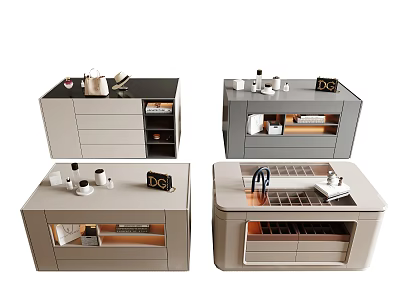 Modern Kitchen Interior With Various Island Designs Featuring Storage Cabinets And Drawers 3d model