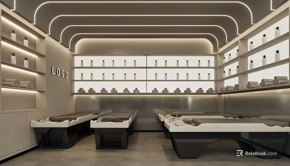 Modern Hair and Beauty Salon Interior With Sleek Treatment Beds And Product Display Shelves 3d model 
