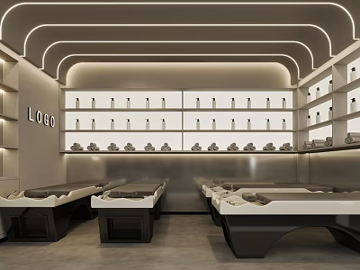 Modern Hair and Beauty Salon Interior With Sleek Treatment Beds And Product Display Shelves 3d model