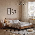 Cozy Bedroom Interior With Double Bed Wooden Headboard Framed Art Patterned Bedding And Curtains
