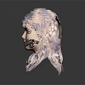 3D Female Character With Light Purple Long Curly Hair Blue Eyes On Dark Background