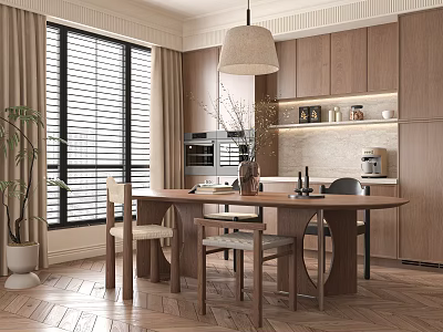 Modern Restaurant Interior With Wooden Dining Table Chairs Pendant Light And Window Blinds 3d model