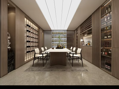 Modern Wine Cellar Interior With Dining Table And Wine Racks 3d model