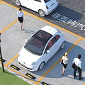 Spacious Parking Lot With White Cars People Walking Marked Spaces And Lamp Posts