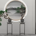 Chinese Style Bonsai Pine Trees On Black Stands With Round Mountain Landscape Painting