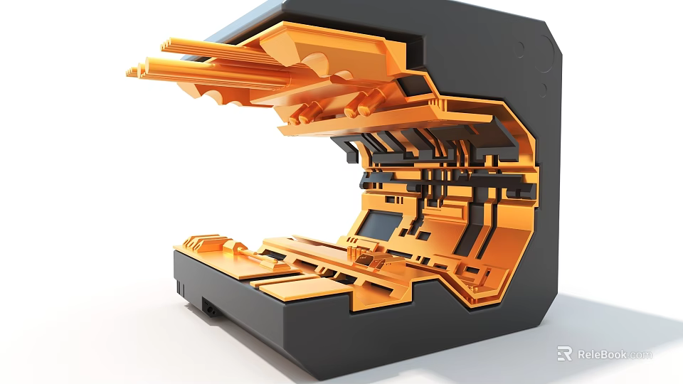 Art Installation Black Cube With Open Structure And Orange Mechanical Interior Layers 3d model