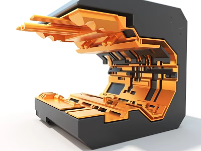 Art Installation Black Cube With Open Structure And Orange Mechanical Interior Layers 3d model