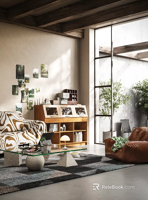 Entryway Cabinet and Side Cabinet With Photos On Wall And Potted Plant Nearby Decorative Items 3d model 