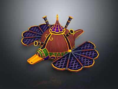 Steampunk Cosmic Spaceship With Ornate Spire Vibrant Color Accents And Wing Structures 3d model