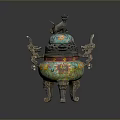 Traditional Chinese Enamel Incense Burner With Lion Shaped Lid And Dragon Handles