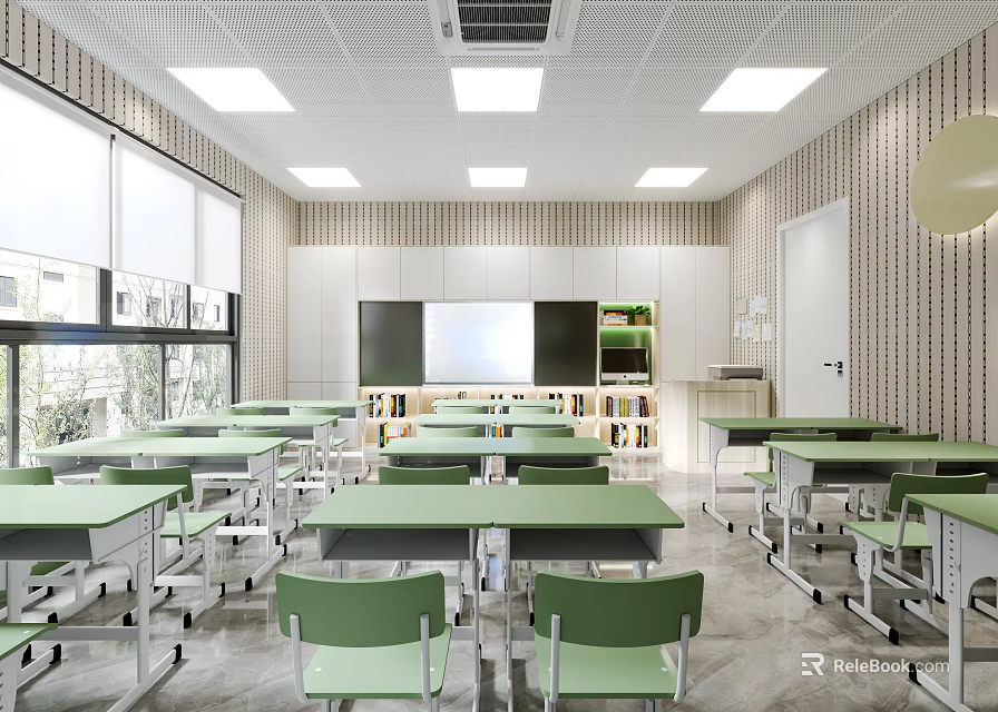School Classroom Interior With Green Desks Chairs White Walls Windows Blackboard And Bookshelves 3d model 