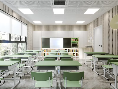 School Classroom Interior With Green Desks Chairs White Walls Windows Blackboard And Bookshelves 3d model
