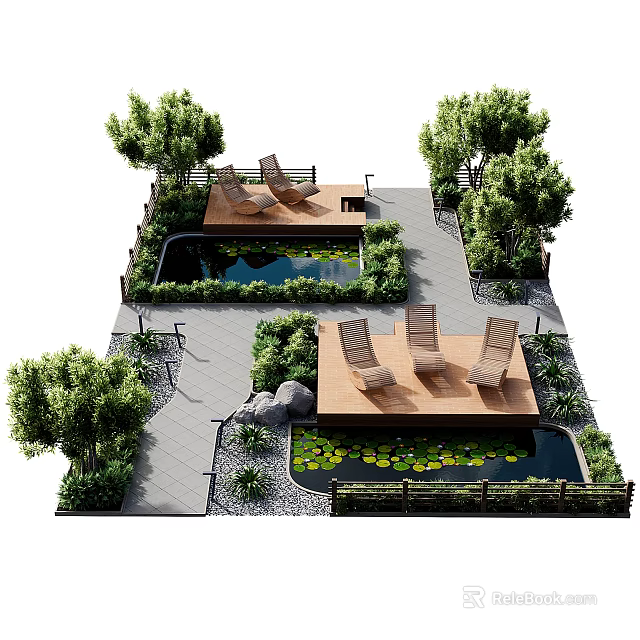 Tranquil Water Fountain Garden With Lounge Chairs Trees Stone Pathway Rocks And Water Lilies 3d model 