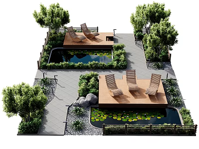 Tranquil Water Fountain Garden With Lounge Chairs Trees Stone Pathway Rocks And Water Lilies 3d model
