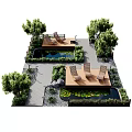 Tranquil Water Fountain Garden With Lounge Chairs Trees Stone Pathway Rocks And Water Lilies
