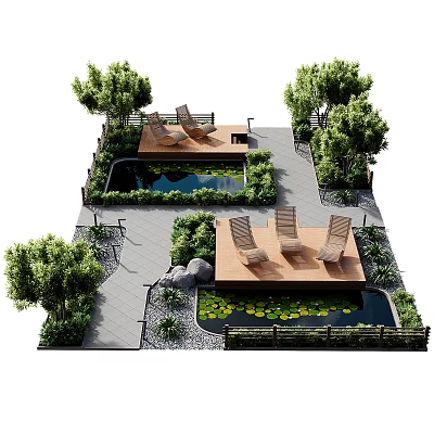 Tranquil Water Fountain Garden With Lounge Chairs Trees Stone Pathway Rocks And Water Lilies 3d model